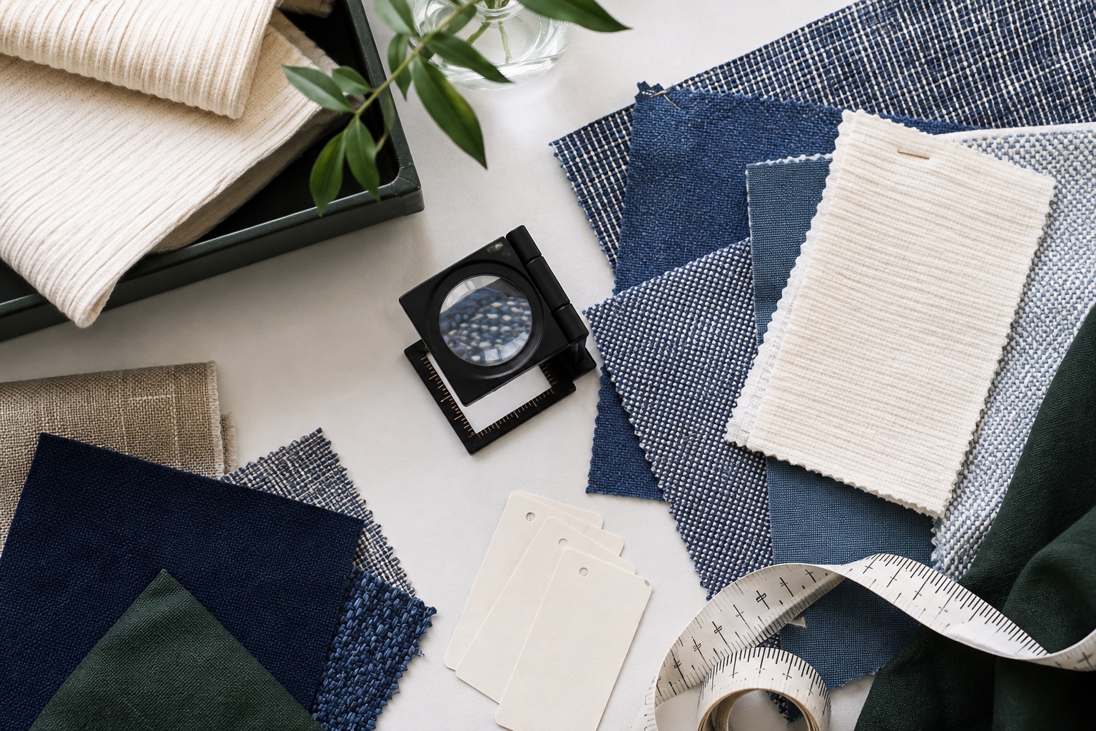 A textile workbench with woven and knitted swatches and a fabric inspection loupe