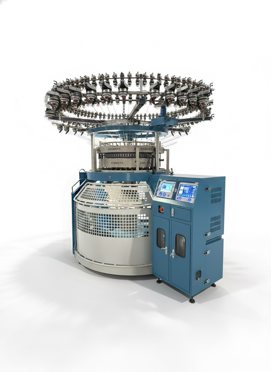 Textile machine with a blue control cabinet and circular feeder assembly