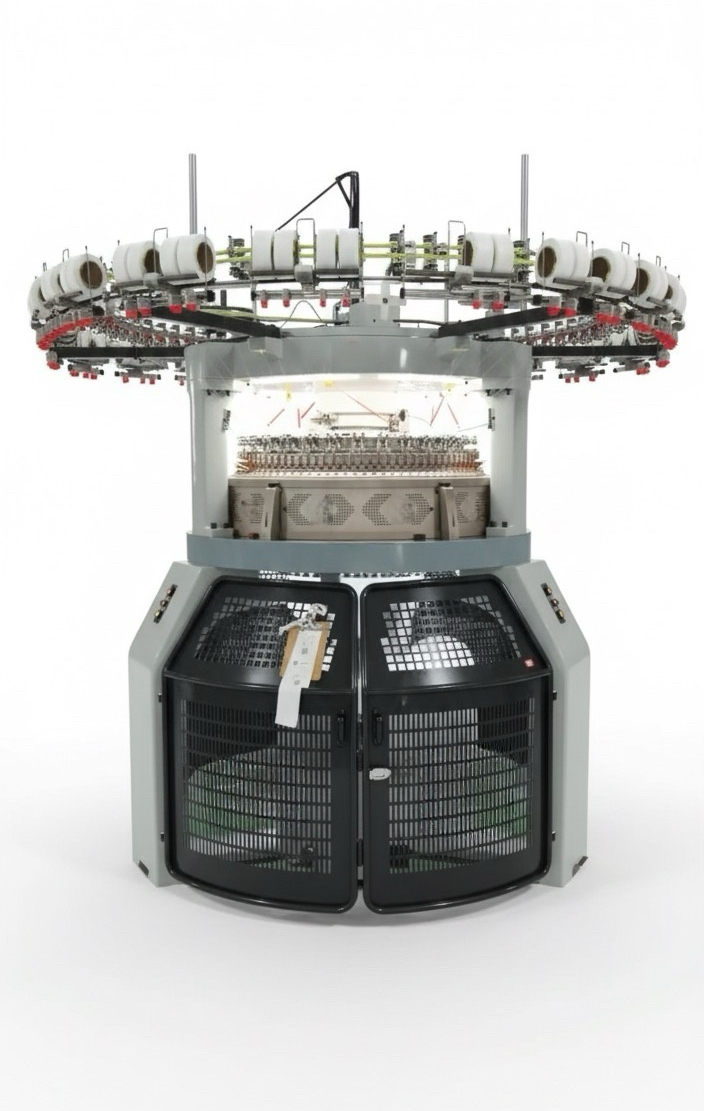 Front view of textile equipment with an overhead yarn feeding assembly